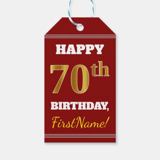Red, Faux Gold 70th Birthday + aangepaste naam Cadeaulabel (Voorkant)
