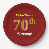 Red, Faux Gold 70th Birthday + aangepaste naam Papieren Bordje (Voorkant)