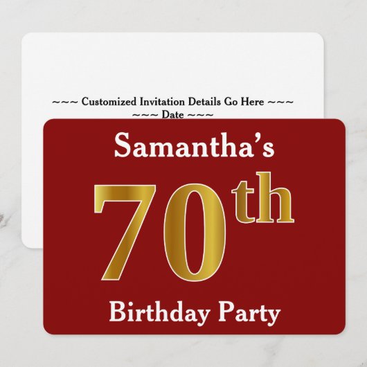 Red, Faux Gold 70th Birthday Party + aangepaste na Kaart (Voorkant / Achterkant)