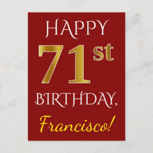 Red, Faux Gold 71st Birthday + aangepaste naam Briefkaart