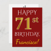 Red, Faux Gold 71st Birthday + aangepaste naam Briefkaart (Voorkant / Achterkant)