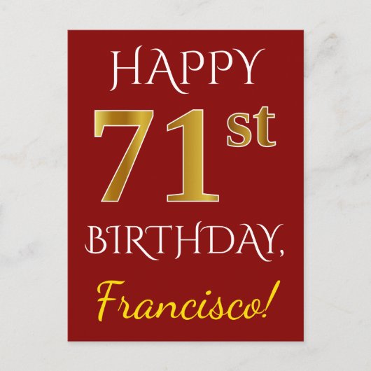 Red, Faux Gold 71st Birthday + aangepaste naam Briefkaart (Voorkant)
