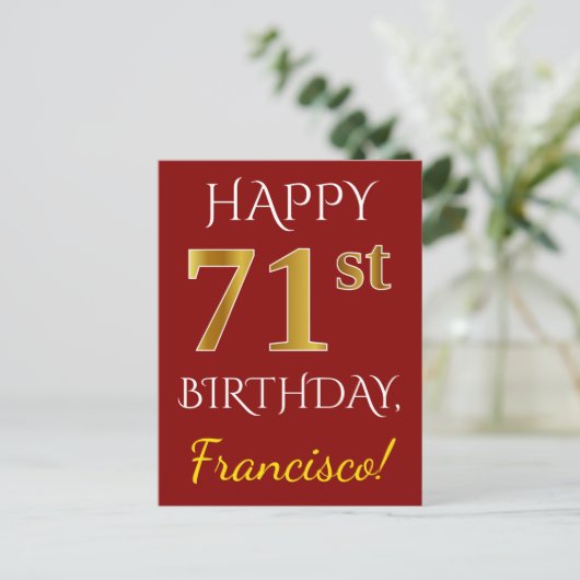 Red, Faux Gold 71st Birthday + aangepaste naam Briefkaart (Staand voorkant)