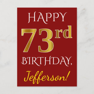 Red, Faux Gold 73rd Birthday + aangepaste naam Briefkaart