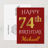 Red, Faux Gold 74th Birthday + aangepaste naam Briefkaart (Voorkant / Achterkant)