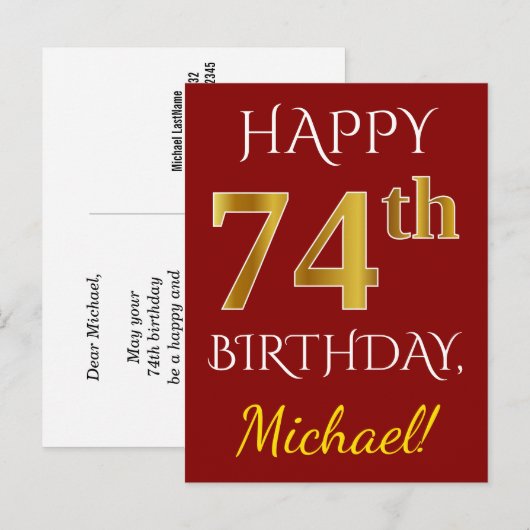 Red, Faux Gold 74th Birthday + aangepaste naam Briefkaart (Voorkant / Achterkant)