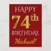 Red, Faux Gold 74th Birthday + aangepaste naam Briefkaart (Voorkant)