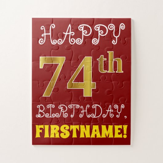 Red, Faux Gold 74th Birthday + Eigen naam Puzzle Legpuzzel (Verticaal)