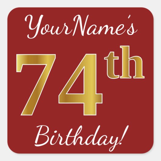 Red, Faux Gold 74th Birthday + Sticker voor aangep (Voorkant)
