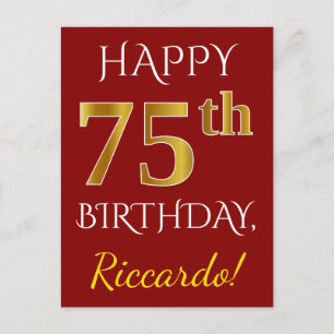 Red, Faux Gold 75th Birthday + aangepaste naam Briefkaart