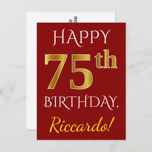 Red, Faux Gold 75th Birthday + aangepaste naam Briefkaart (Voorkant / Achterkant)