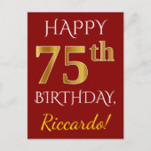 Red, Faux Gold 75th Birthday + aangepaste naam Briefkaart (Voorkant)