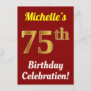 Red, Faux Gold 75th Birthday Celebration + Name Kaart