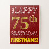 Red, Faux Gold 75th Birthday + Eigen naam Puzzle Legpuzzel (Verticaal)