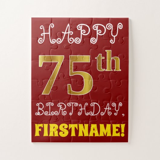 Red, Faux Gold 75th Birthday + Eigen naam Puzzle Legpuzzel (Verticaal)