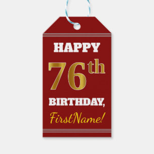 Red, Faux Gold 76th Birthday + aangepaste naam Cadeaulabel