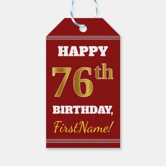 Red, Faux Gold 76th Birthday + aangepaste naam Cadeaulabel (Voorkant)