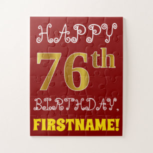 Red, Faux Gold 76th Birthday + Eigen naam Puzzle Legpuzzel