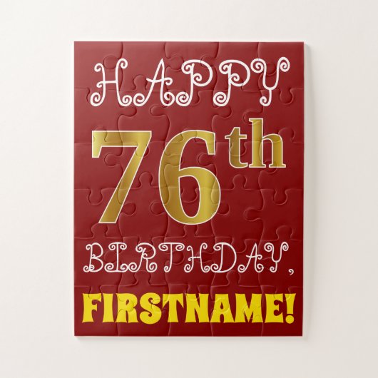 Red, Faux Gold 76th Birthday + Eigen naam Puzzle Legpuzzel (Verticaal)