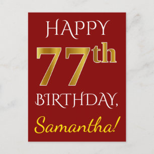 Red, Faux Gold 77th Birthday + aangepaste naam Briefkaart