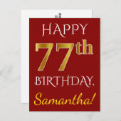 Red, Faux Gold 77th Birthday + aangepaste naam Briefkaart (Voorkant / Achterkant)