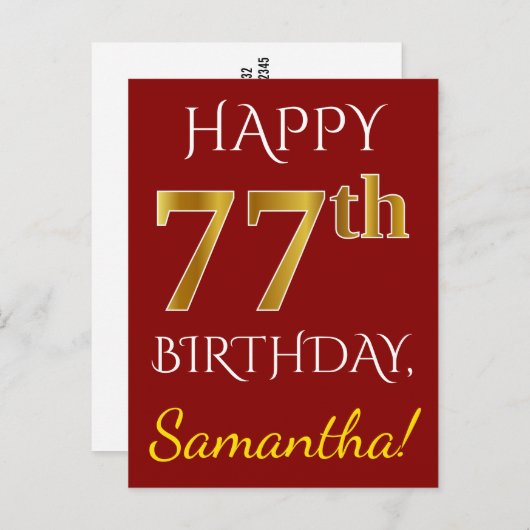Red, Faux Gold 77th Birthday + aangepaste naam Briefkaart (Voorkant / Achterkant)