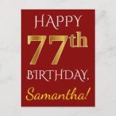 Red, Faux Gold 77th Birthday + aangepaste naam Briefkaart (Voorkant)