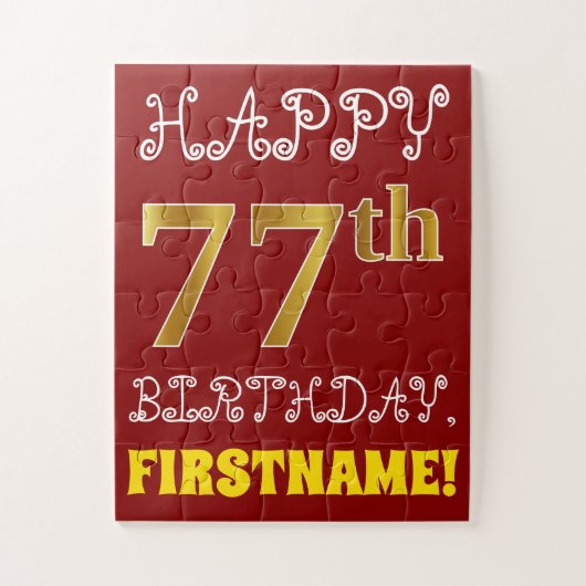 Red, Faux Gold 77th Birthday + Eigen naam Puzzle Legpuzzel (Verticaal)