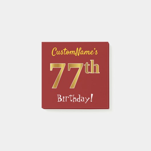 Red, Faux Gold 77th Birthday, met aangepaste naam Post-it® Notes (Voorkant)