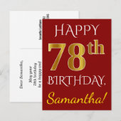 Red, Faux Gold 78th Birthday + aangepaste naam Briefkaart (Voorkant / Achterkant)