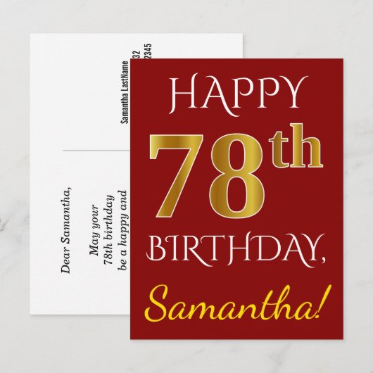 Red, Faux Gold 78th Birthday + aangepaste naam Briefkaart (Voorkant / Achterkant)