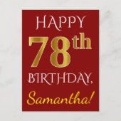 Red, Faux Gold 78th Birthday + aangepaste naam Briefkaart (Voorkant)