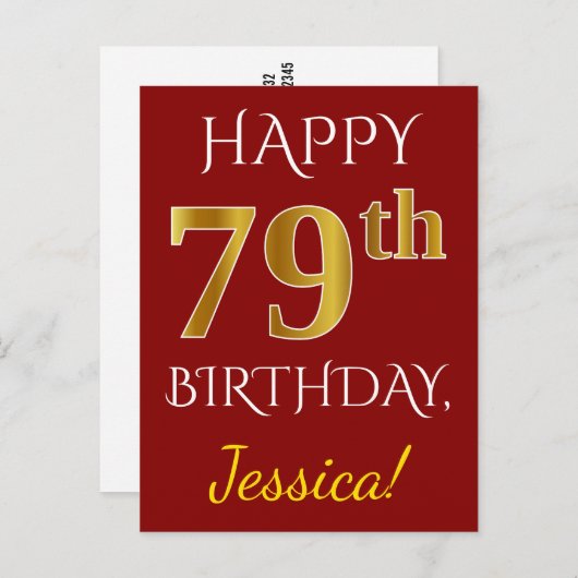 Red, Faux Gold 79th Birthday + aangepaste naam Briefkaart (Voorkant / Achterkant)