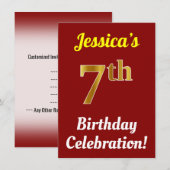 Red, Faux Gold 7th Birthday Celebration + naam Kaart (Voorkant / Achterkant)