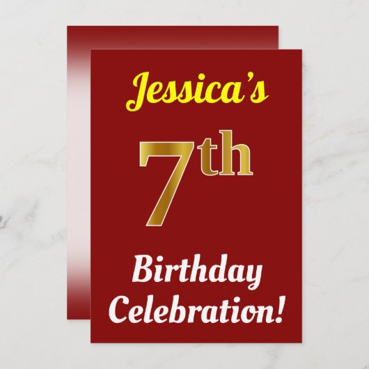 Red, Faux Gold 7th Birthday Celebration + naam Kaart (Voorkant / Achterkant)