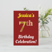 Red, Faux Gold 7th Birthday Celebration + naam Kaart (Staand voorkant)