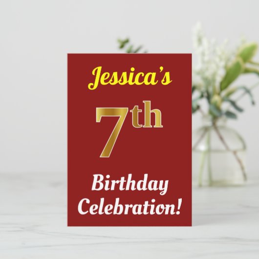 Red, Faux Gold 7th Birthday Celebration + naam Kaart (Staand voorkant)