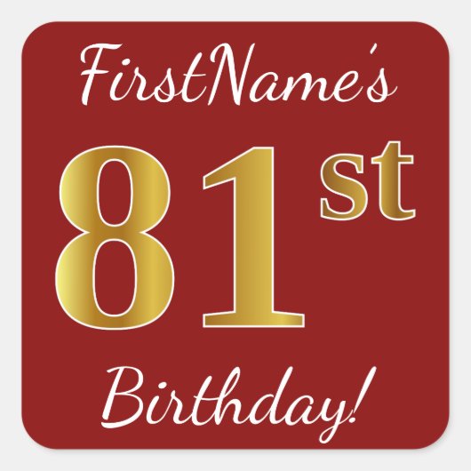 Red, Faux Gold 81st Birthday + Sticker voor aangep (Voorkant)