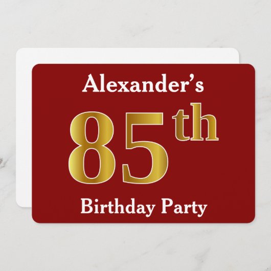 Red, Faux Gold 85th Birthday Party + aangepaste na Kaart (Voorkant / Achterkant)