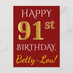 Red, Faux Gold 91st Birthday + aangepaste naam Briefkaart