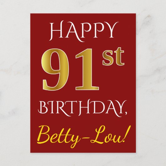 Red, Faux Gold 91st Birthday + aangepaste naam Briefkaart (Voorkant)
