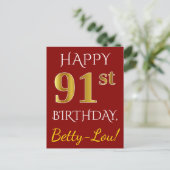 Red, Faux Gold 91st Birthday + aangepaste naam Briefkaart (Staand voorkant)