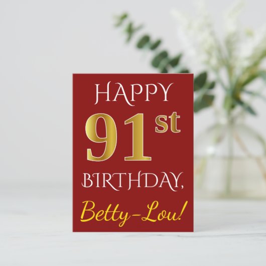Red, Faux Gold 91st Birthday + aangepaste naam Briefkaart (Staand voorkant)
