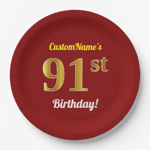 Red, Faux Gold 91st Birthday + aangepaste naam Papieren Bordje