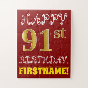 Red, Faux Gold 91st Birthday + aangepaste naam Puz Legpuzzel
