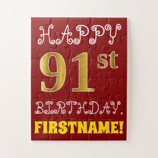 Red, Faux Gold 91st Birthday + aangepaste naam Puz Legpuzzel (Verticaal)