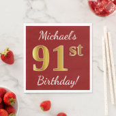 Red, Faux Gold 91st Birthday + aangepaste naam Servet (Insitu)
