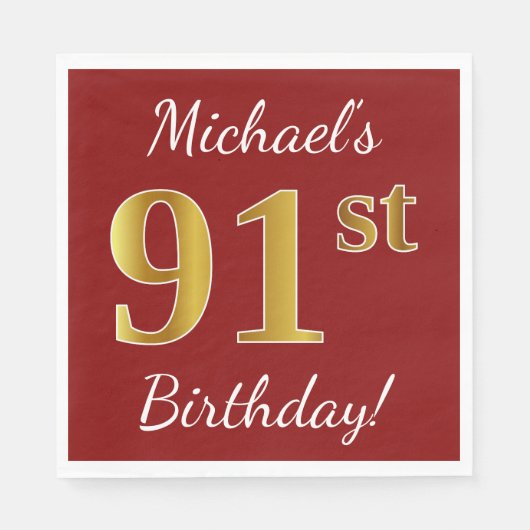 Red, Faux Gold 91st Birthday + aangepaste naam Servet (Voorkant)