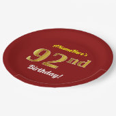 Red, Faux Gold 92e verjaardag + aangepaste naam Papieren Bordje (Gekanteld)