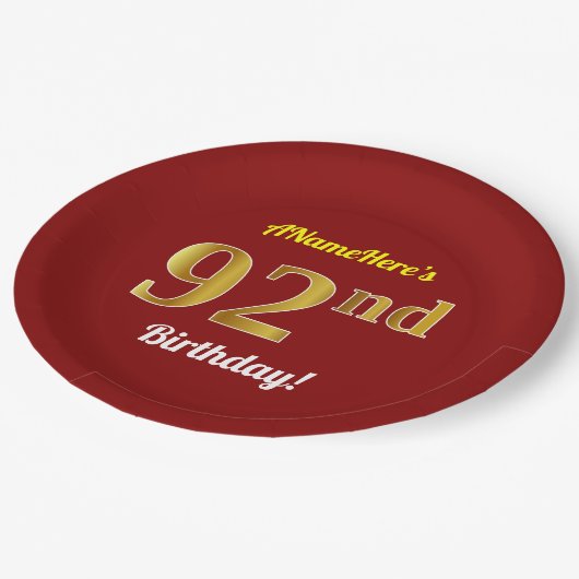 Red, Faux Gold 92e verjaardag + aangepaste naam Papieren Bordje (Gekanteld)